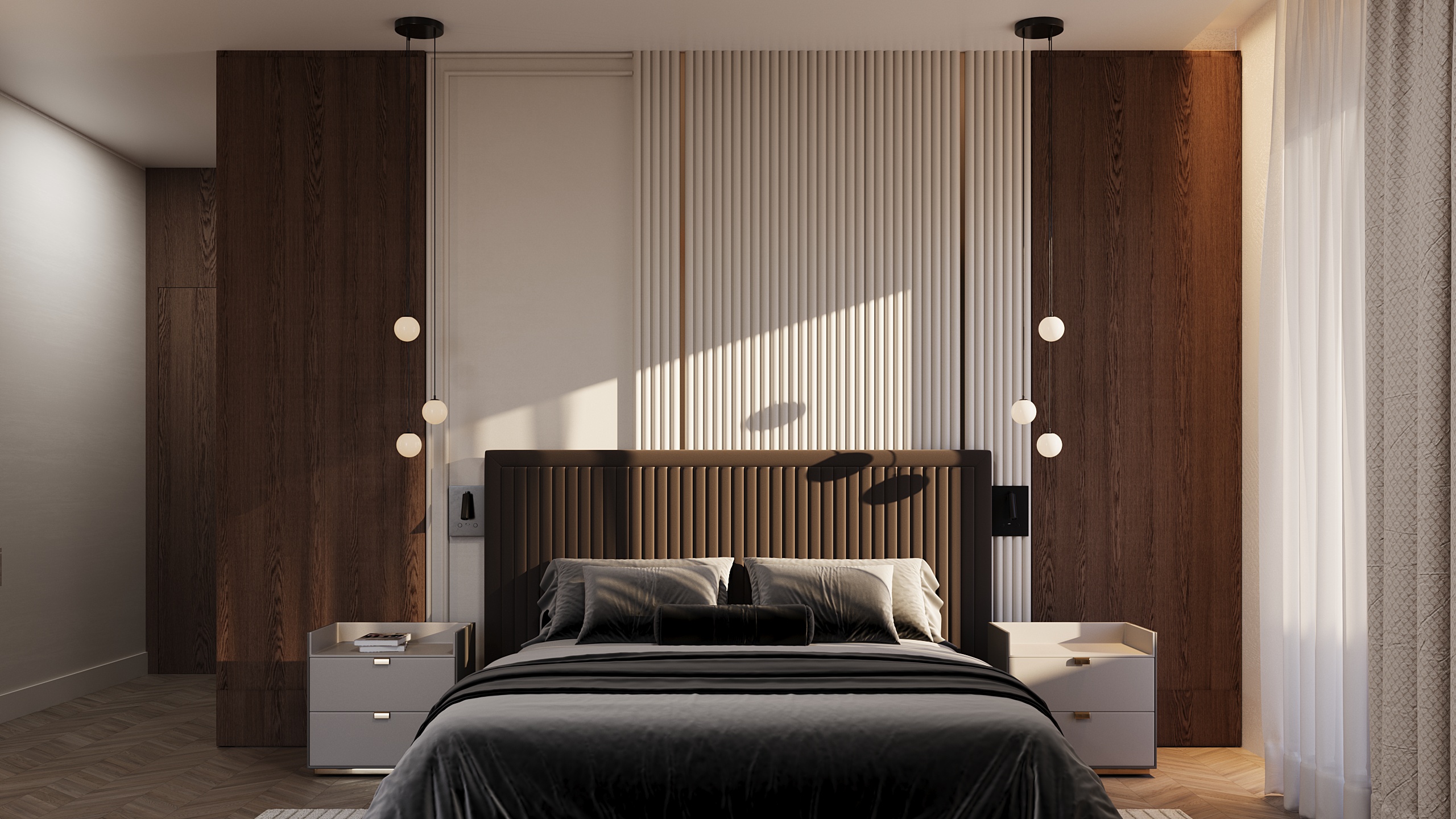D2 — master bedroom with wood panels
