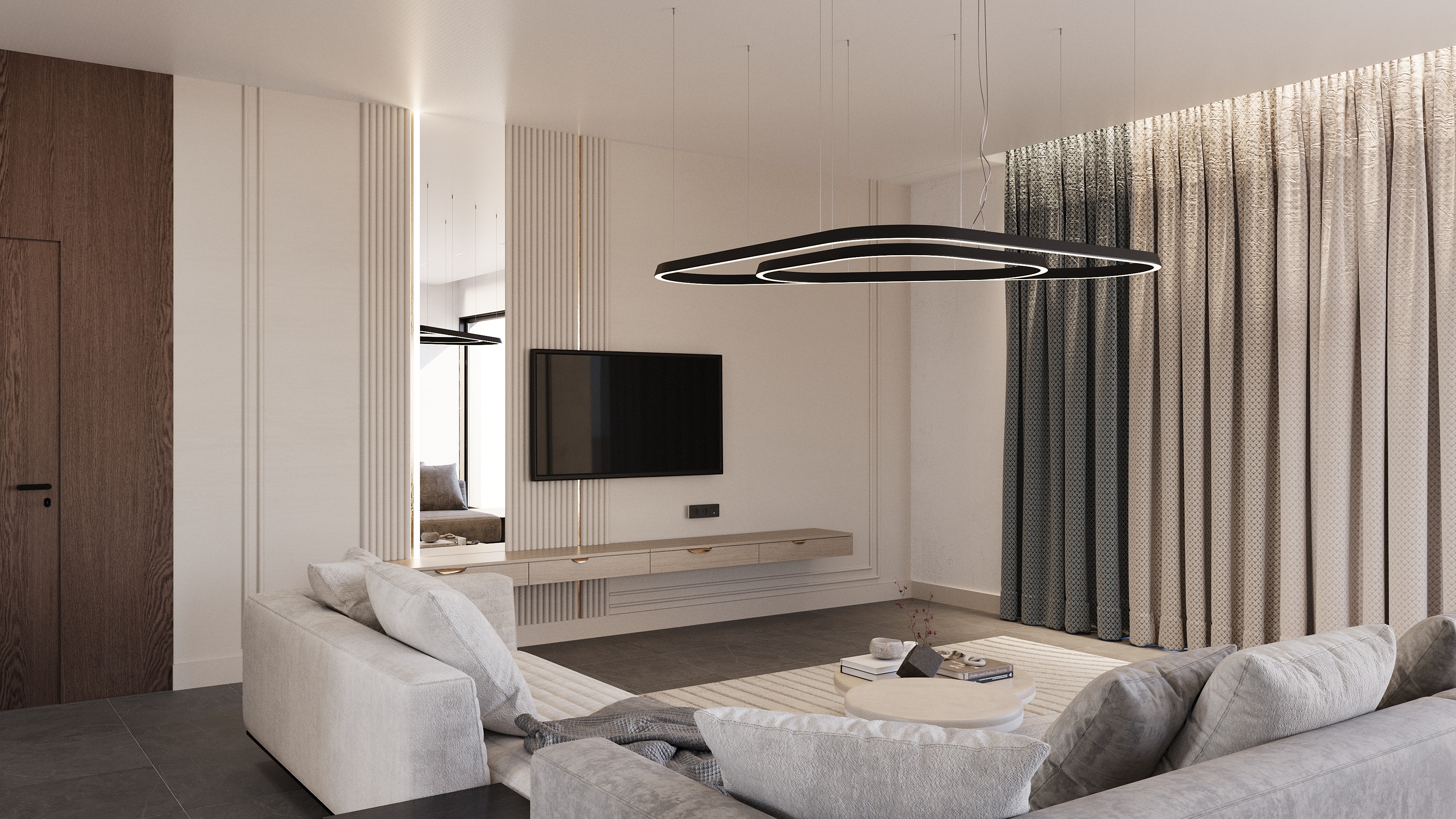 D2 — living room with chandelier and TV wall
