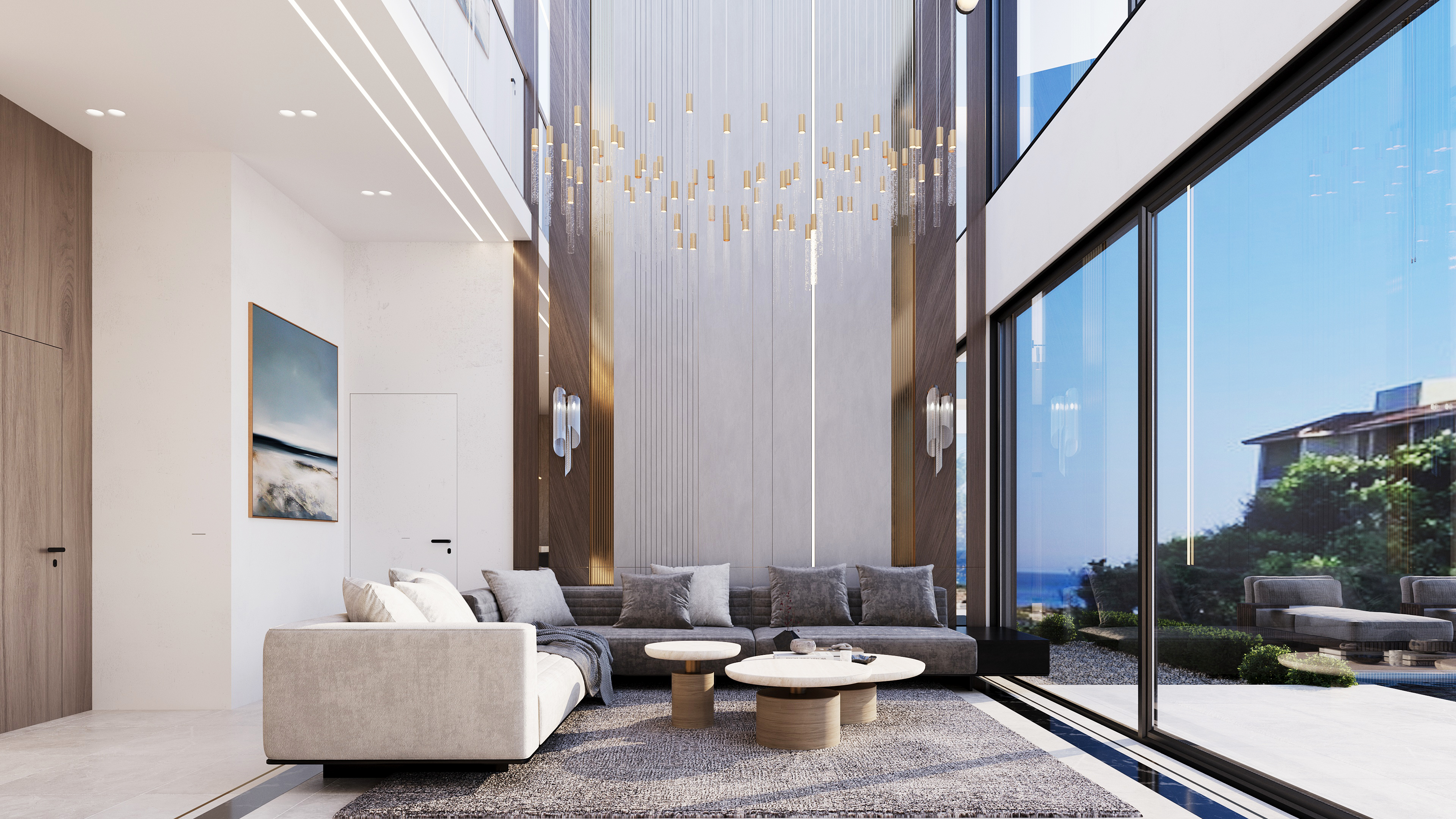 D4 — double-height living room with chandelier